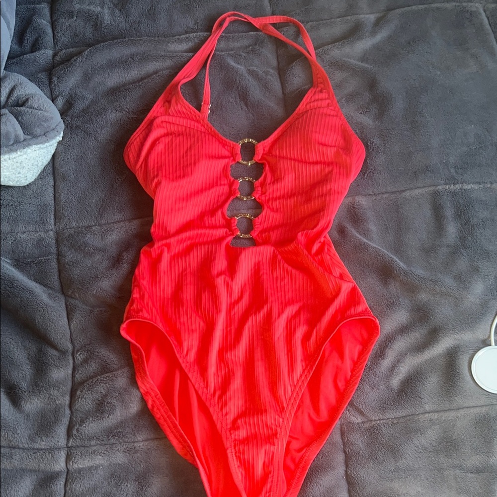 MICHAEL Michael Kors Bright Red Halter One-Piece Swimsuit - Picture 4 of 4